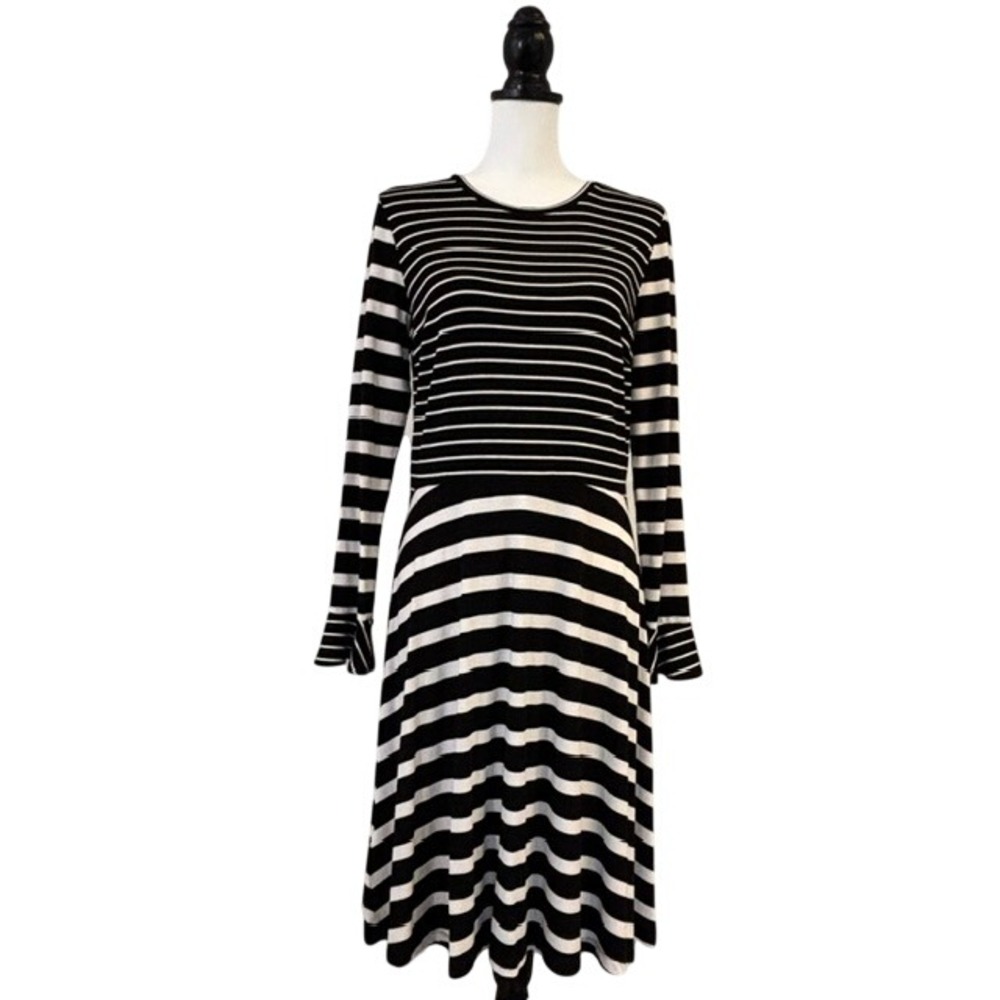 LOFT Fit & Flare Dress Womens 10 Black White Striped Long Sleeve Bell Excellent